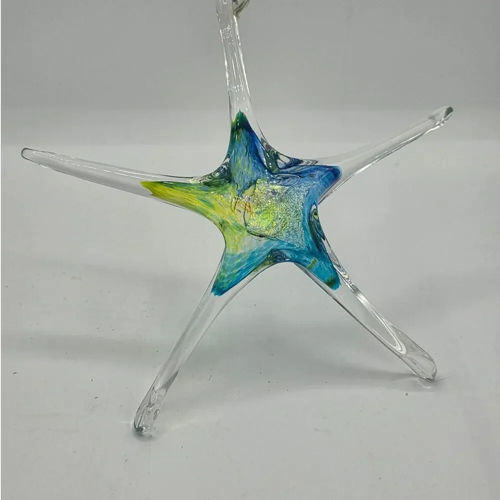Signed Luke Adams Hand Blown Art Glass Starfish Suncatcher Ornament Blue Green 8